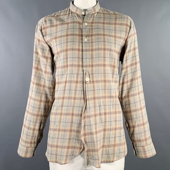 NEEDLES Size XL Grey Navy Brown Plaid Wool Nehru Collar Long Sleeve Shirt - Picture 1 of 5